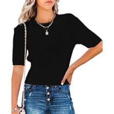 Womens Short Sleeve Sweaters Tops Crewneck Ribbed Pullover Shirt Slim Fit Knit Blouse MISSKY