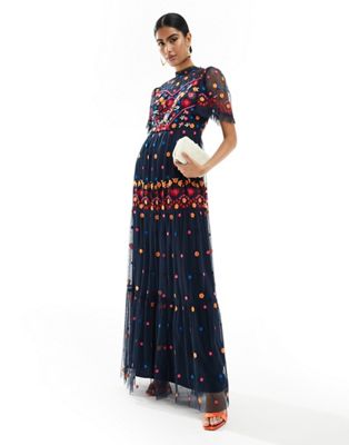 Maya embroidered maxi dress with bold floral in navy Maya