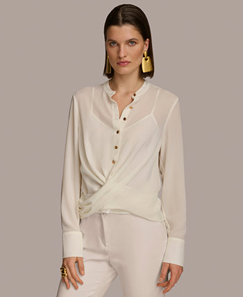 Women's Faux-Wrap Button-Front Long-Sleeve Top Donna Karan New York