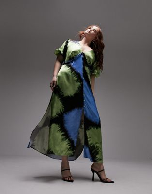 Платье макси синего и зеленого цвета с v-образным вырезом и развевающимися рукавами Topshop Curve Topshop Curve