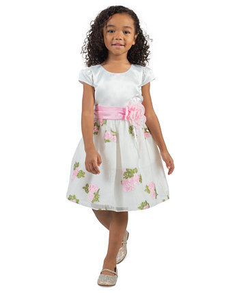Toddler Girls Satin Shirring Sleeve to Burnout Organza Skirt and Flower Waist Detail A-Line Dress Rare Editions