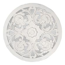American Art Décor Distressed Reflective Hand-Carved White Floral Wood Wall Medallion American Art Décor