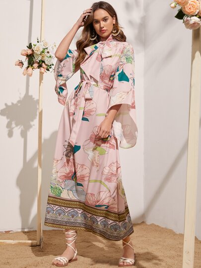 SHEIN Кафтан с цветочным принтом с воротником-бантом с поясом с рукавами-воланами SHEIN