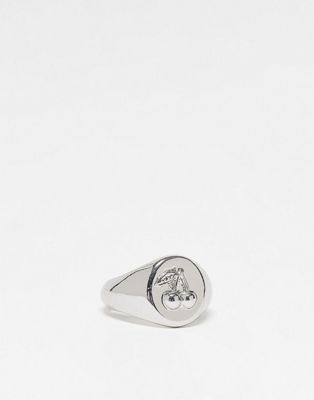 ASOS DESIGN signet ring with engraved cherry design in silver tone ASOS DESIGN