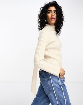 Y.A.S ribbed knitted sweater with attached scarf detail in cream Y.A.S