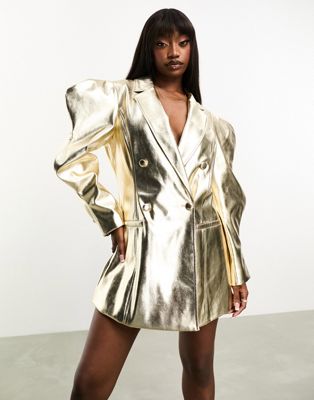 Светло-золотистый металлик, мягкое эластичное платье-блейзер из полиуретана с объемными рукавами Amy Lynn Amy Lynn