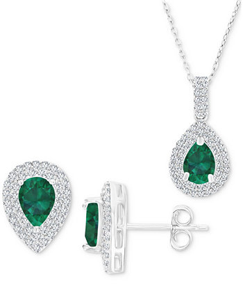 2-Pc. Set Lab-Grown Emerald (2-3/8 ct. t.w.) & Lab-Grown White Sapphire (1 ct. t.w.) Teardrop Halo Pendant Necklace & Matching Stud Earrings in Sterling Silver Macy's