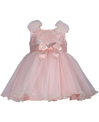 Baby Girls Sleeveless with Ribbon at Waist and Puff Shoulders Embroidered Bodice Dress Bonnie Baby