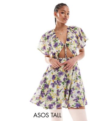 ASOS DESIGN Tall cut-out mini dress with godet skirt in lilac floral ASOS Tall