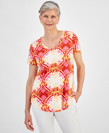 Women's Printed V-Neck Short-Sleeve Knit Top, Created for Macy's J&M Collection
