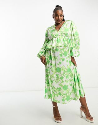 Эксклюзивное зеленое платье миди с v-образным вырезом и оборками на талии In The Style Plus In The Style
