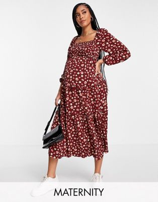 Missguided Maternity floral tiered midaxi dress in burgundy Missguided Maternity