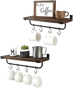 Mkono Mug Holder Wall Mounted Coffee Mug Rack Set of 2 Rustic Floating Shelf for Coffee Bar Accessories Wood Tea Cup Hooks Hanger for Organizing Cooking Utensils, Home Kitchen Decor, Brown Mkono