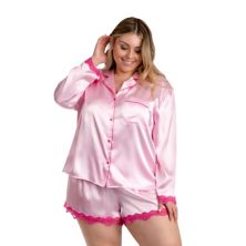 Plus Size Lilac+London Collared Button Down Pajama Top & Pajama Shorts Sleep Set Lilac+London