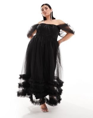 Lace & Beads Plus off shoulder ruffle tulle midaxi dress in black LACE & BEADS