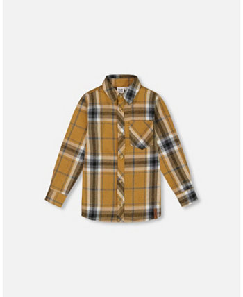 Big Boys Button Down Flannel Shirt With Pocket Plaid Golden Yellow And Gray Deux par Deux