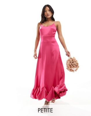 Vila Petite satin cami maxi dress with stitch detail hem in pink  Vila Petite
