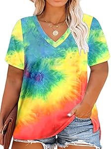 ROSRISS Womens Plus Size Short Sleeve T Shirt V Neck High Low Tops Blouse Tunics with Side Split Rosriss