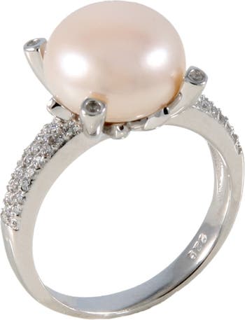 Кольцо 8-9 мм с натуральным белым культивированным пресноводным жемчугом и фианитом Splendid Pearls