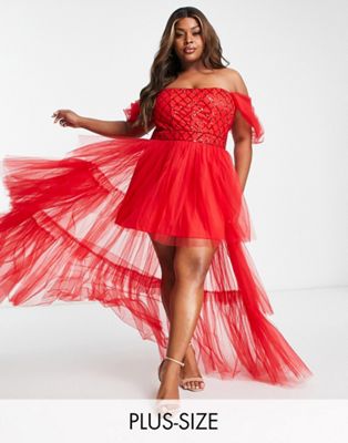 Lace & Beads Plus Exclusive sweetheart sequin bardot maxi dress in red Lace & Beads Plus