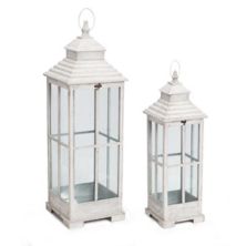 Set of 2 White Distressed Finish Elegant Candle Lantern with Glass door 33&#34; Diva At Home