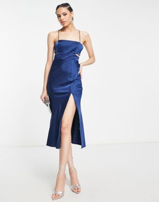 Темно-синее атласное платье миди с квадратным вырезом Parallel Lines Parallel Lines