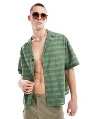 ASOS DESIGN short sleeve boxy oversized revere collar broderie shirt in dark green ASOS DESIGN