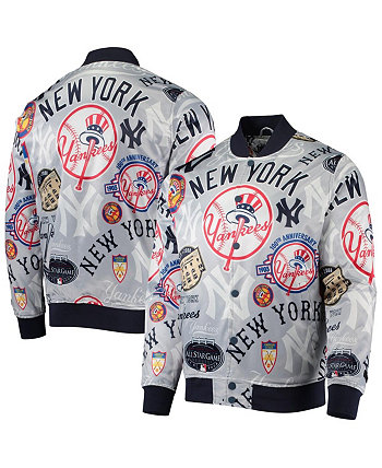 Серая мужская атласная куртка с принтом New York Yankees по всей длине с застежкой на пуговицы Pro Standard