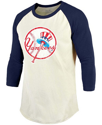 Мужская кремовая, темно-синяя футболка New York Yankees Cooperstown Collection с рукавами реглан и рукавами 3/4 Majestic