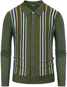 PJ PAUL JONES Mens Vintage Striped Knit Polo Shirt Long Sleeve Button Down Cardigan Sweater Pj Paul Jones