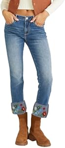 Embroidered Jeans for Women Floral Crop Straight Leg Cuffed Stretch Jeans Mid Rise Skinny Denim Pants LifeShe