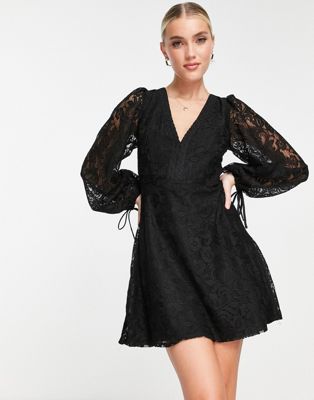 Love Triangle long sleeve mini dress with open back in black lace Love Triangle