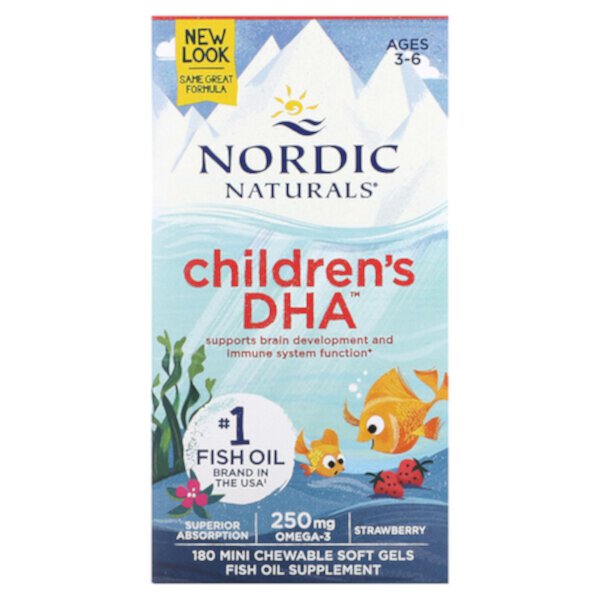 Детская ДГК, возраст 3–6 лет, клубника, 360 мини-жевательных мягких таблеток Nordic Naturals