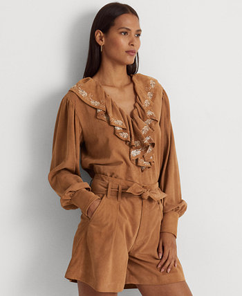Женская замшевая блуза с вышивкой и рюшами Ralph Lauren
