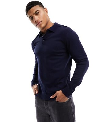 Темно-синяя вязаная рубашка-поло с длинными рукавами Selected Homme Selected