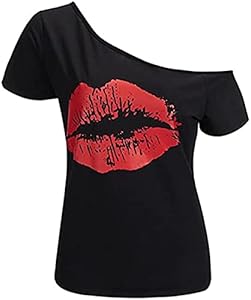 MAGICMK Women’s Short Lips Print Causal Off The Shoulder Plus Size T-Shirt Tops MAGICMK