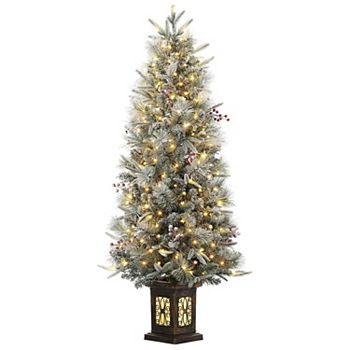 4.5ft Pre-Lit Christmas Tree, Potted Snow Flocked Xmas Tree with 200 Lights HD