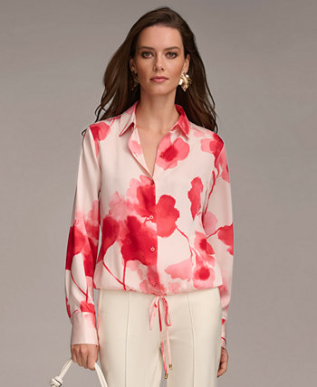 Женская рубашка с цветочным принтом и завязками по краю Donna Karan New York
