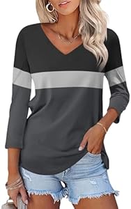 Women's V Neck 3/4 Sleeve Tops Color Block/Solid Shirts Basic Summer Tees Ticticmiss