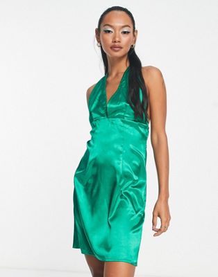 Ярко-зеленое атласное платье мини с воротником-бретелькой Urban Threads Urban Threads