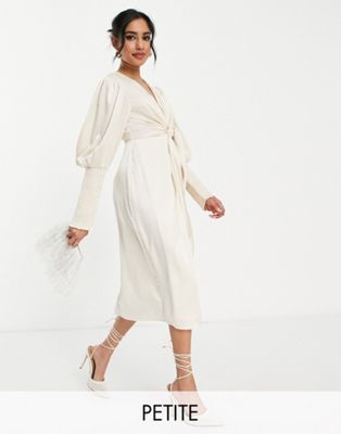 Collective The Label Petite Exclusive plunge tie front midi dress in oyster Collective The Label Petite