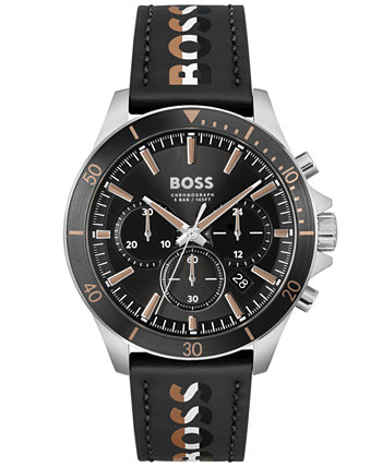 Мужские кварцевые модные часы Troper Chrono, черные кожаные часы 45 мм BOSS
