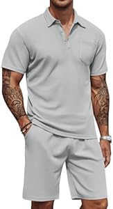 COOFANDY Men's Waffle Knit Polo Shirt and Shorts Set 2 Pieces Outfits Summer Suit Casual Tracksuit with Pockets Coofandy