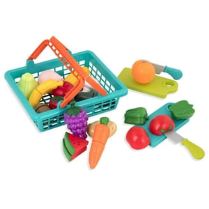 Battat - Farmers Market Basket - Toy Kitchen Accessories - Pretend Cutting Play Food Set for Toddlers 3 Years + (37-Pcs) Battat