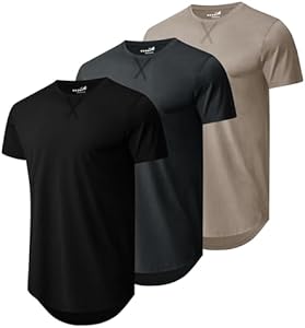 Mens 3 Pack Plain Cotton Shirts Short Sleeve Casual Crew Neck T-Shirts Hipster Hip Hop Longline Tees Drop Cut Curved Hem Tezo