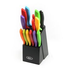 Oster 14 Piece Stainless Steel Assorted Color Cutlery Knife Set with Wood Storage Block Oster Cocina