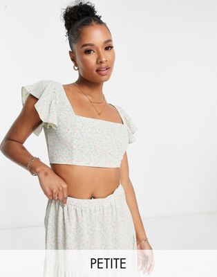 Collective the Label Petite frill shoulder crop top in sage ditsy floral - part of a set Collective The Label Petite