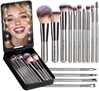 BS-MALL Travel Makeup Brush Set Foundation Powder (Порошок) Concealers Eye Shadows Makeup Set with LED light Mirror 14 Pcs Mini Makeup Brushes (APINK) BS-MALL