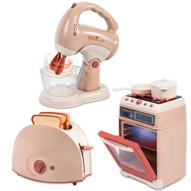 Wisairt Play Kitchen Set, 4Pcs Toy Kitchen Appliance w/Oven Toaster Coffee Maker Juicer, Khaki Wisairt