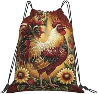 Gym Bag for Men & Women With Sunflower Rooster Print Pattern, Waterproof String Bag for Gym Sports And Traveling, White1 AUTCKNGF